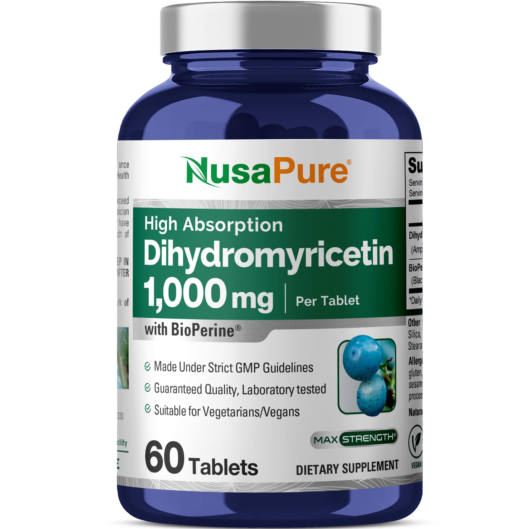 NusaPure DHM 1000mg tablet close-up highlighting daily dose and potency