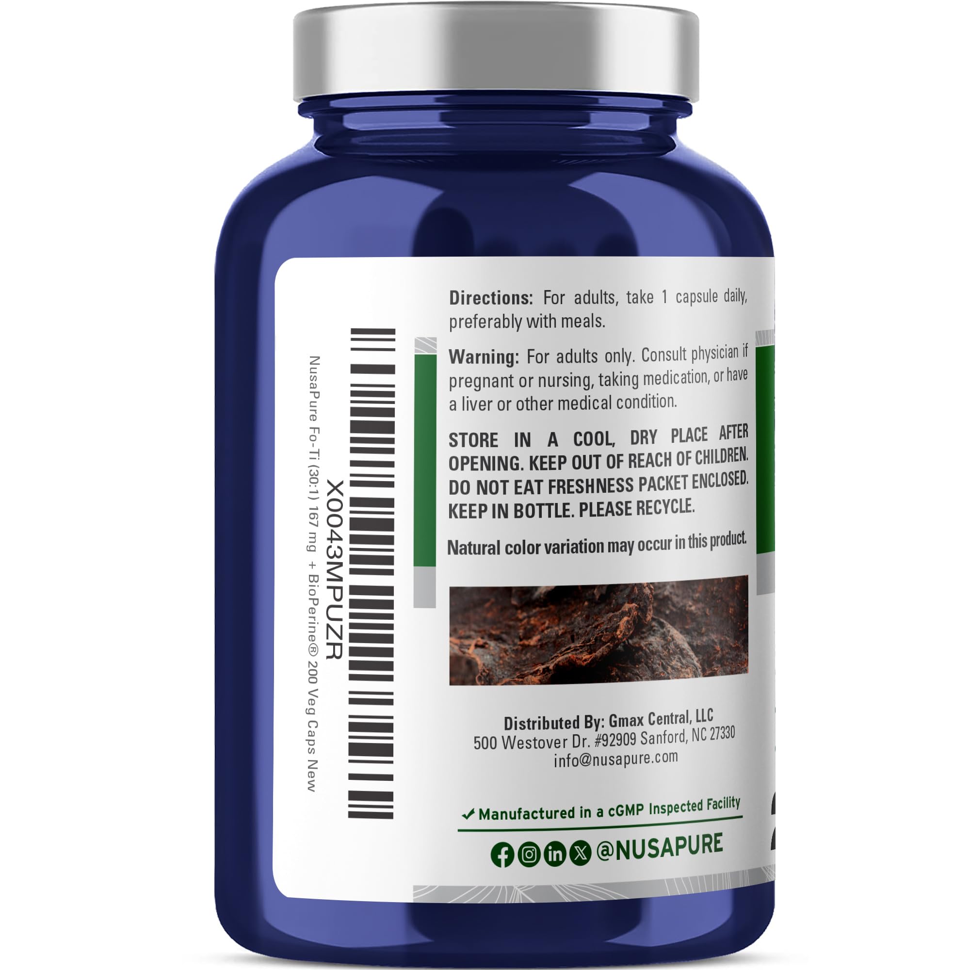 NusaPure Fo-Ti 30:1 extract bottle label highlights vegan, non-GMO formula.