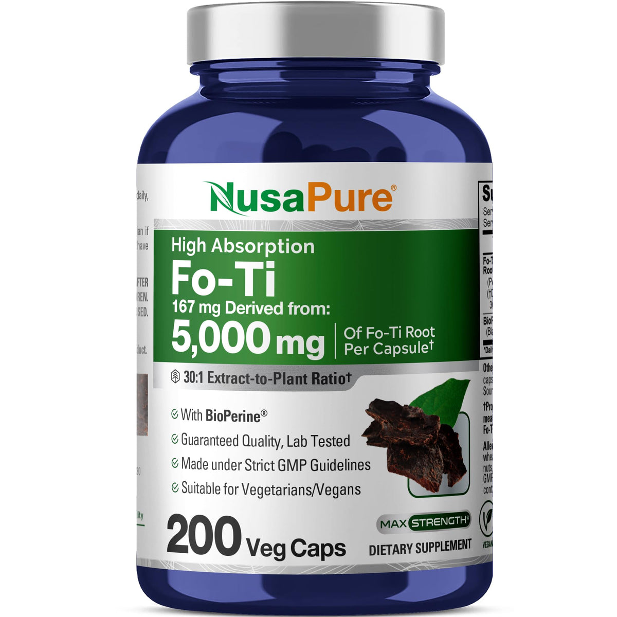 NusaPure Fo-Ti 30:1 extract bottle for daily vegan capsules.