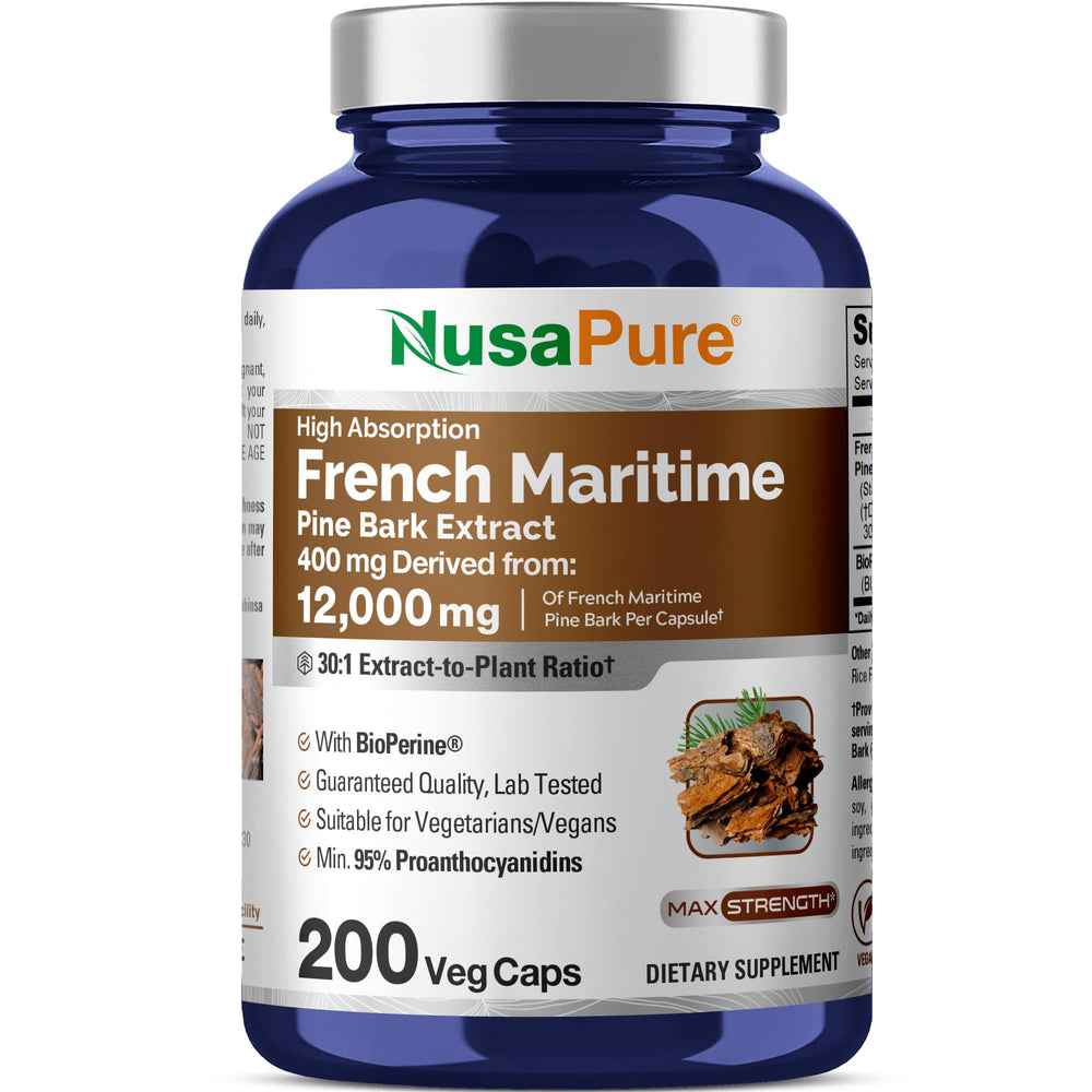 NusaPure French Maritime Pine Bark bottle; high-absorption formula for daily wellness