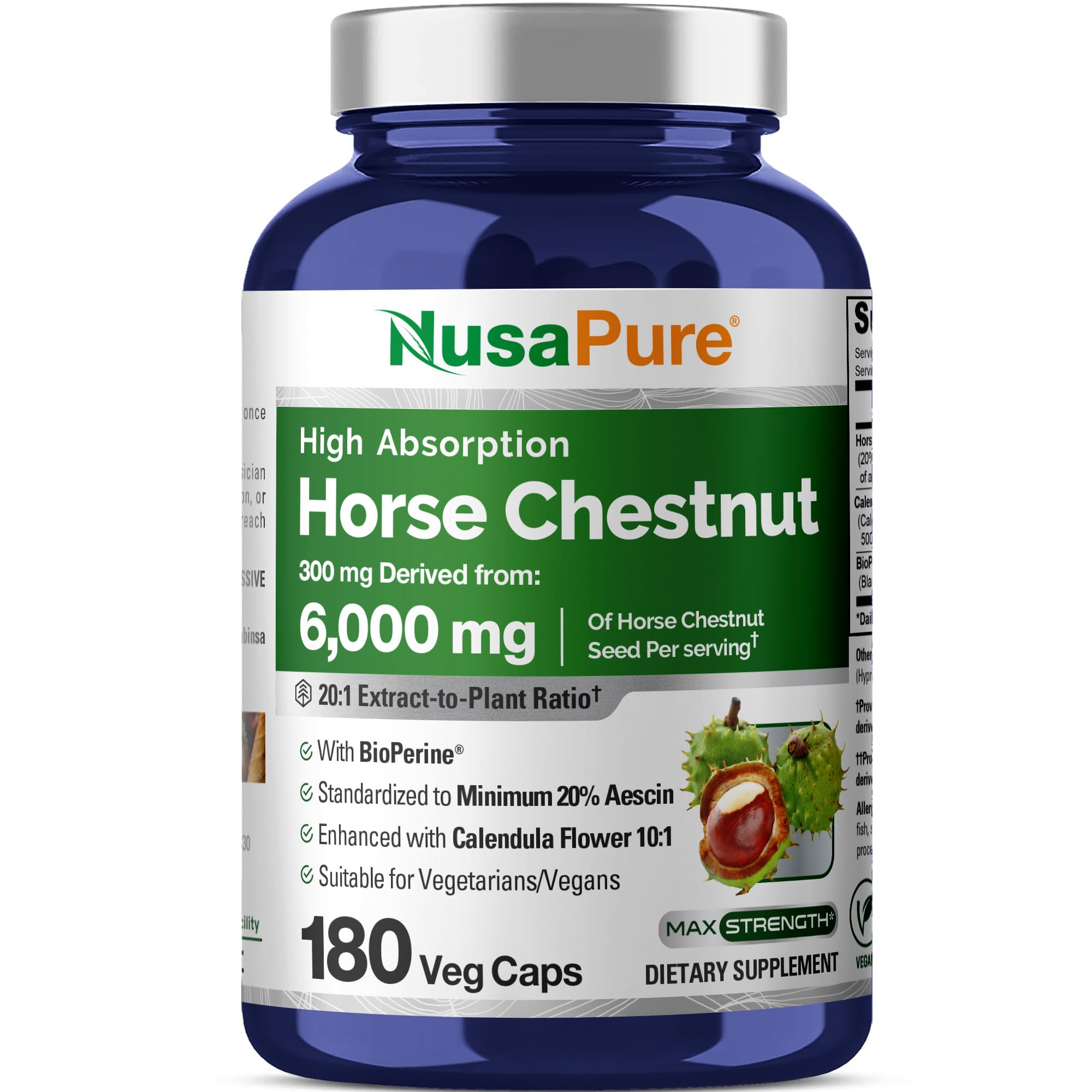 NusaPure horse chestnut 20:1 extract bottle shows high absorption for efficient delivery