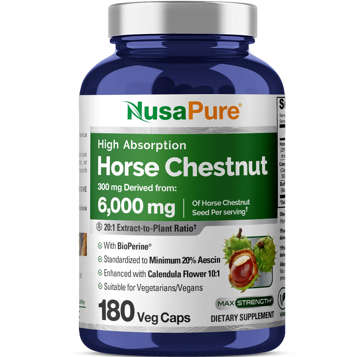 NusaPure horse chestnut 20:1 extract bottle shows high absorption for efficient delivery