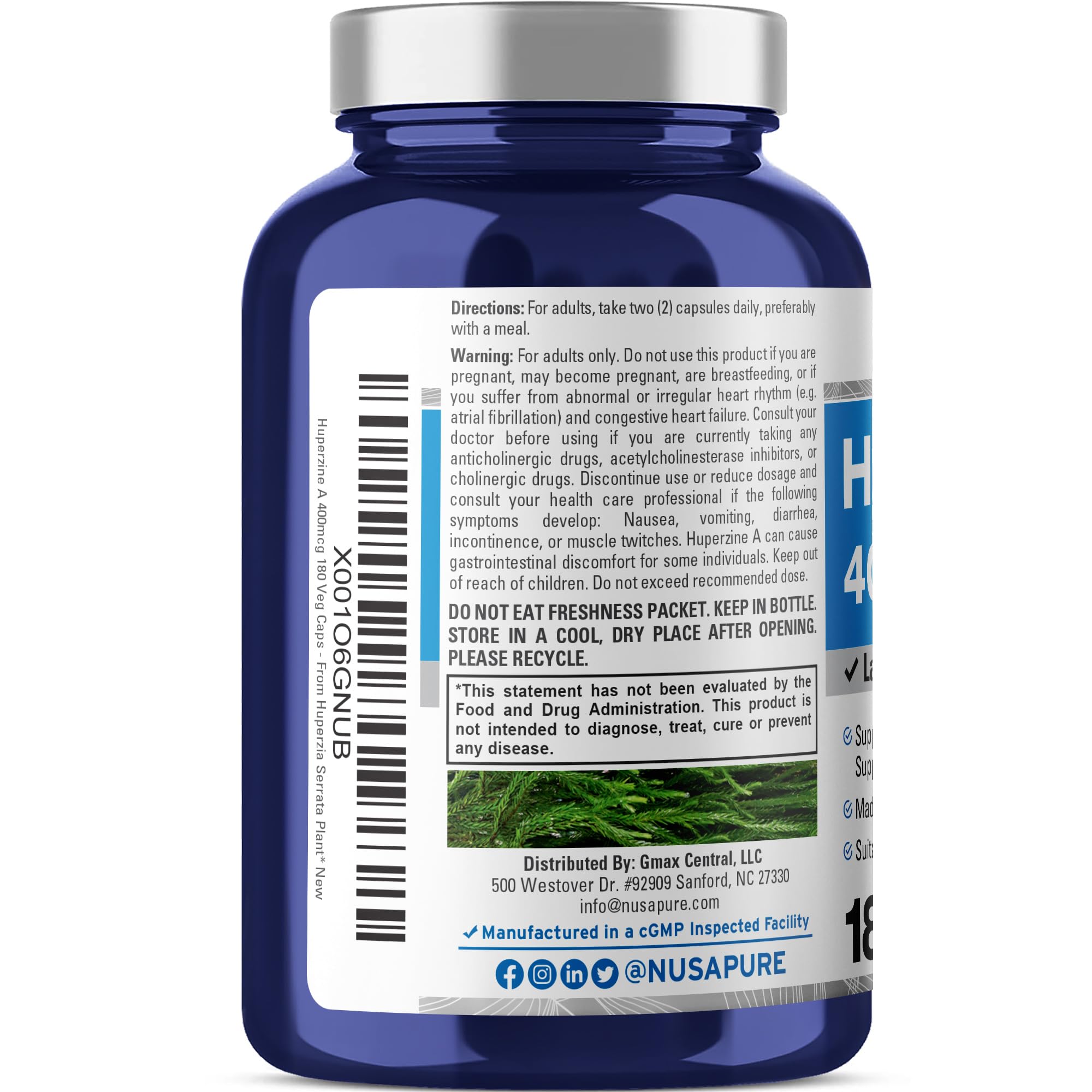 NusaPure Huperzine A label closeup with vegan-friendly formula
