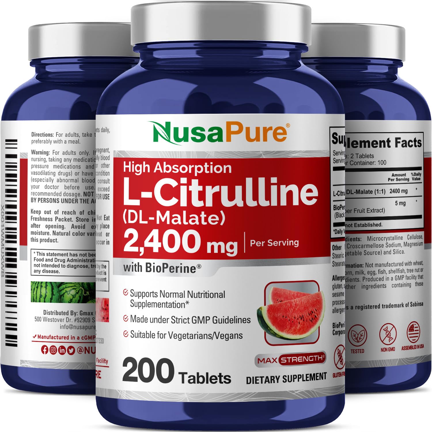 NusaPure L-Citrulline 2400mg bottle side panel with dosage and features.