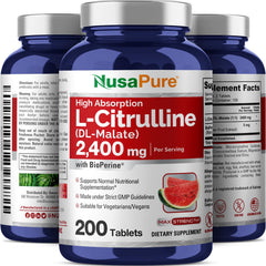 NusaPure L-Citrulline 2400mg bottle side panel with dosage and features.
