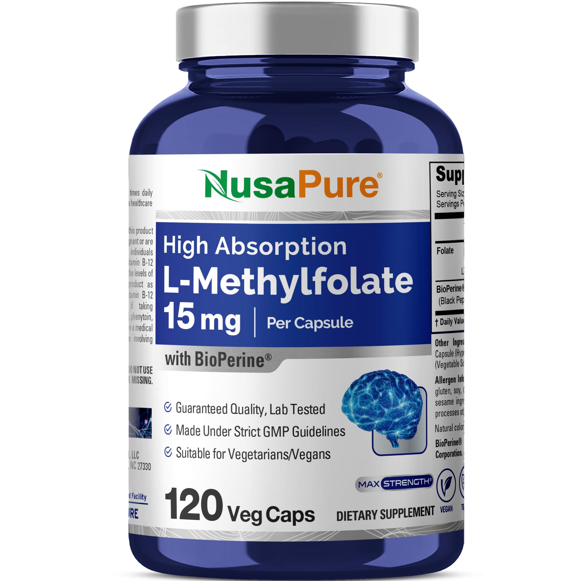 NusaPure L-Methylfolate 15mg bottle label highlights vegan and gluten-free formulation.