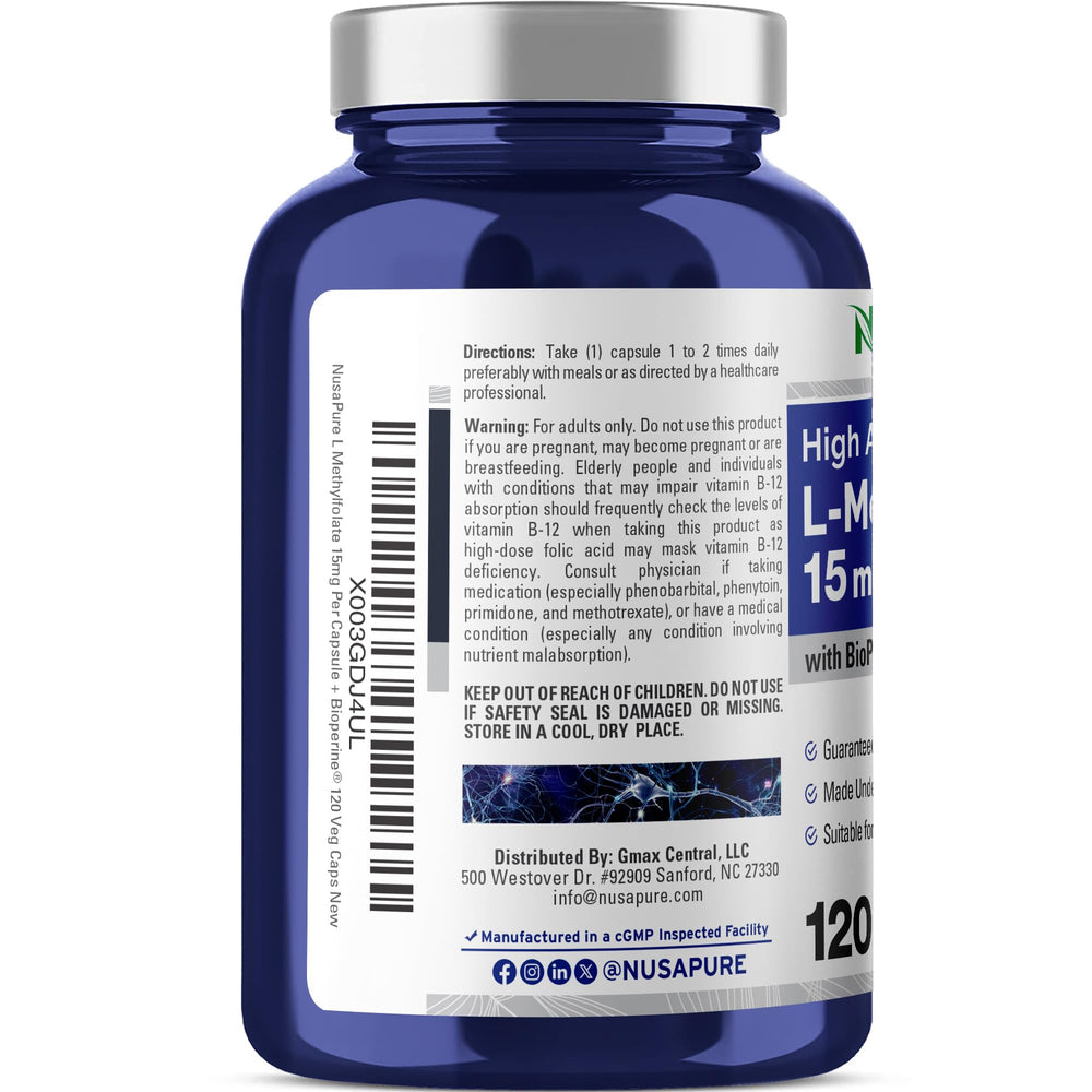 NusaPure L-Methylfolate 15mg ingredients panel emphasizes Bioperine compatibility.