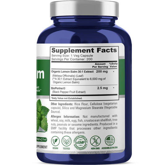 Close-up of NusaPure lemon balm capsules showing 6000 mg equivalent per capsule