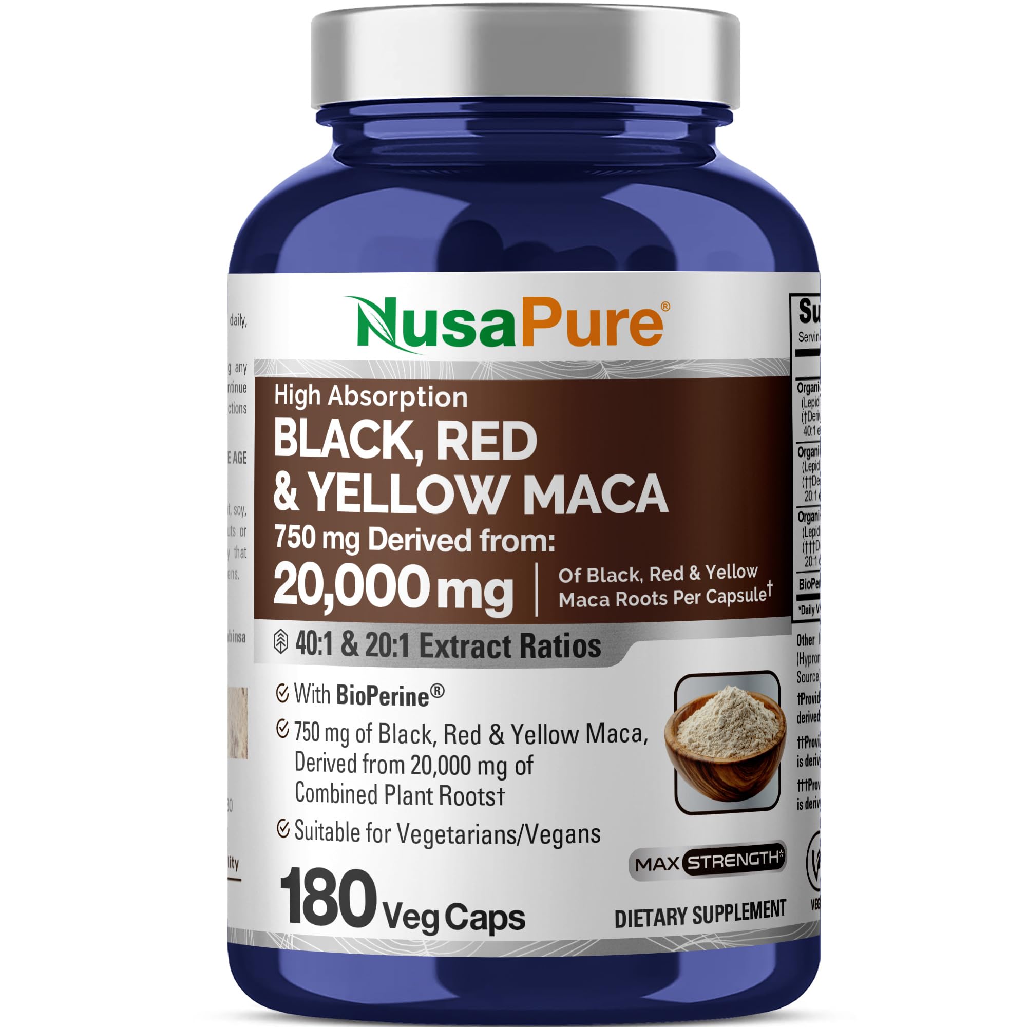 NusaPure Maca Black capsules in bottle support daily vegan energy.