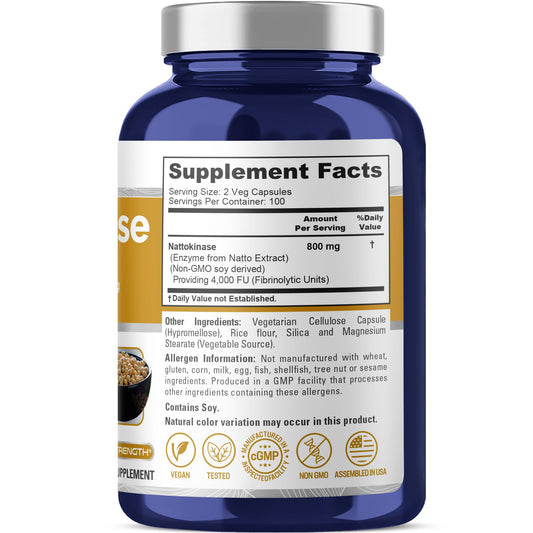 Closeup of NusaPure nattokinase capsules, easy-to-swallow form.
