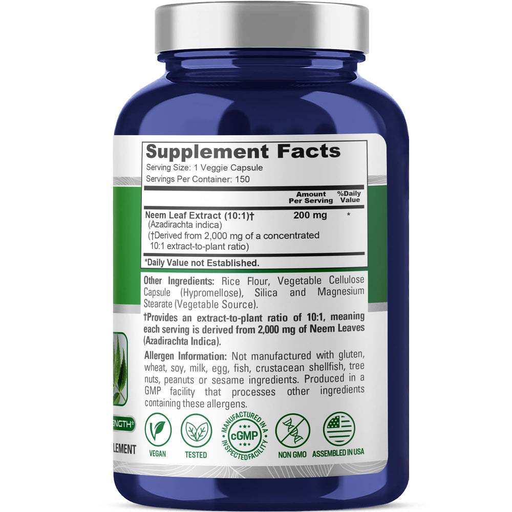 NusaPure Neem Leaf Extract label close-up indicating 200 mg per capsule for daily use.