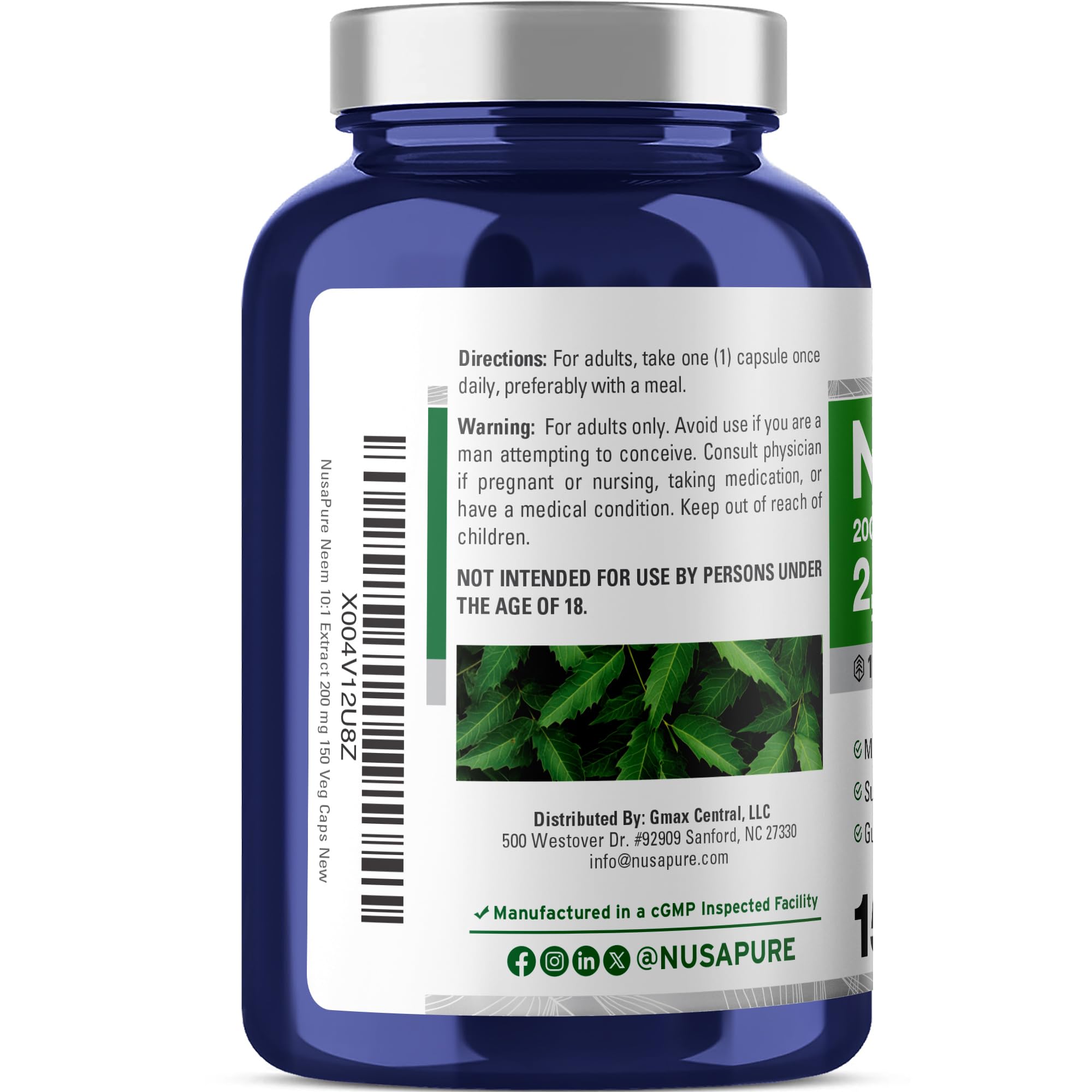 Capsules pile of NusaPure Neem Leaf Extract indicating vegan, non-GMO formula.