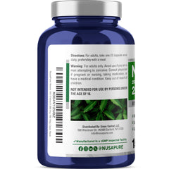 Capsules pile of NusaPure Neem Leaf Extract indicating vegan, non-GMO formula.
