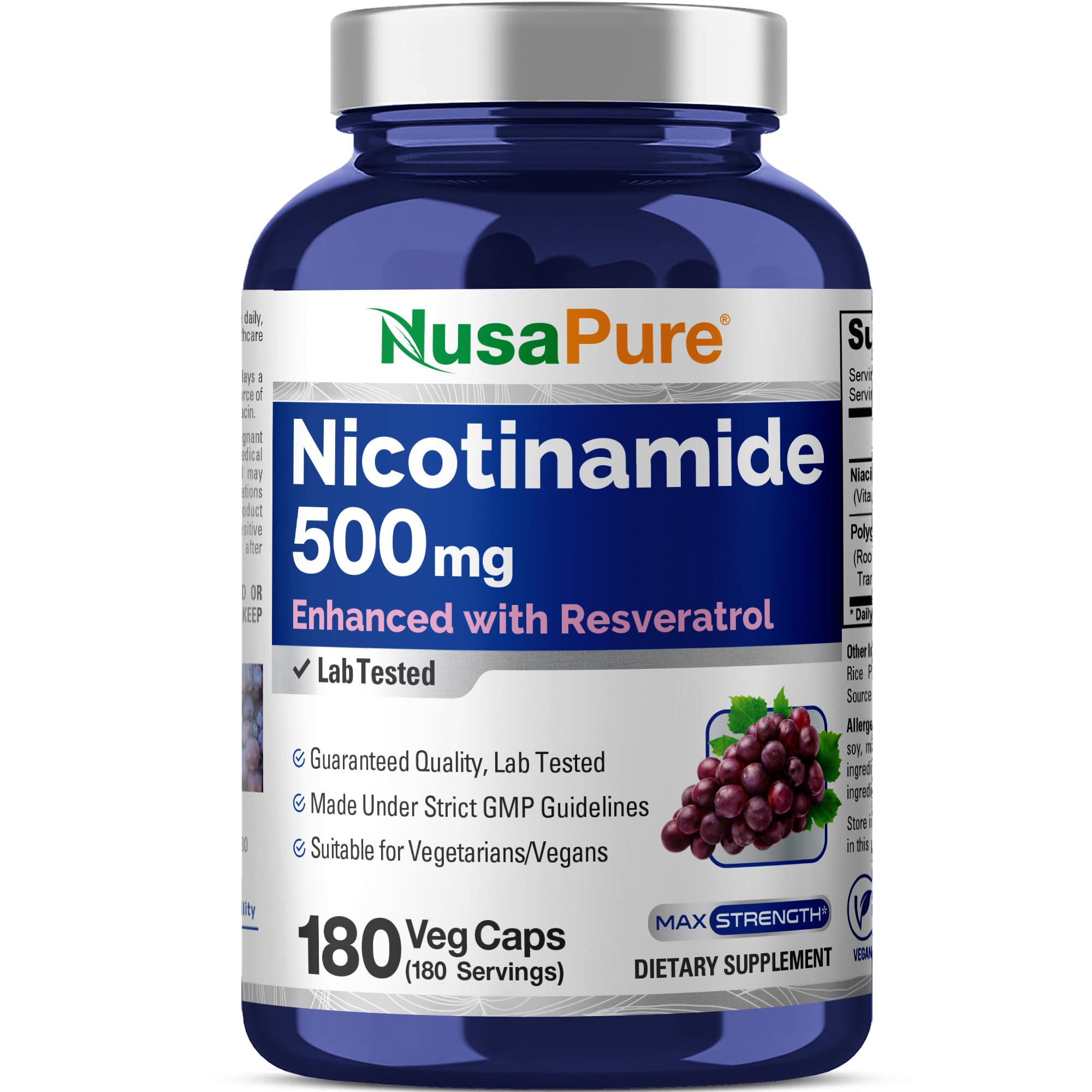 NusaPure Nicotinamide with Resveratrol 500mg bottle with 180 vegan capsules for daily support