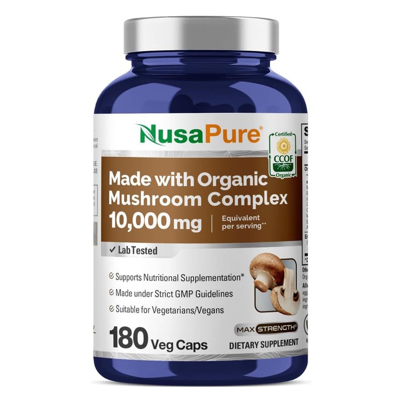 NusaPure Organic Mushroom Complex bottle front with vegan capsules for daily wellness