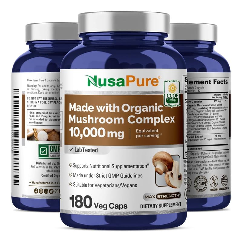 NusaPure Organic Mushroom Complex bottle side view signaling quality ingredients