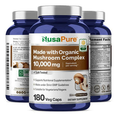 NusaPure Organic Mushroom Complex bottle side view signaling quality ingredients