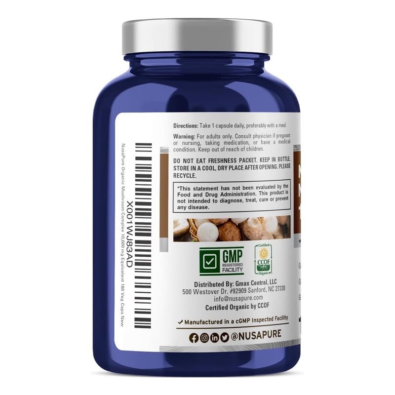 NusaPure Organic Mushroom Complex label close-up highlighting 180 servings