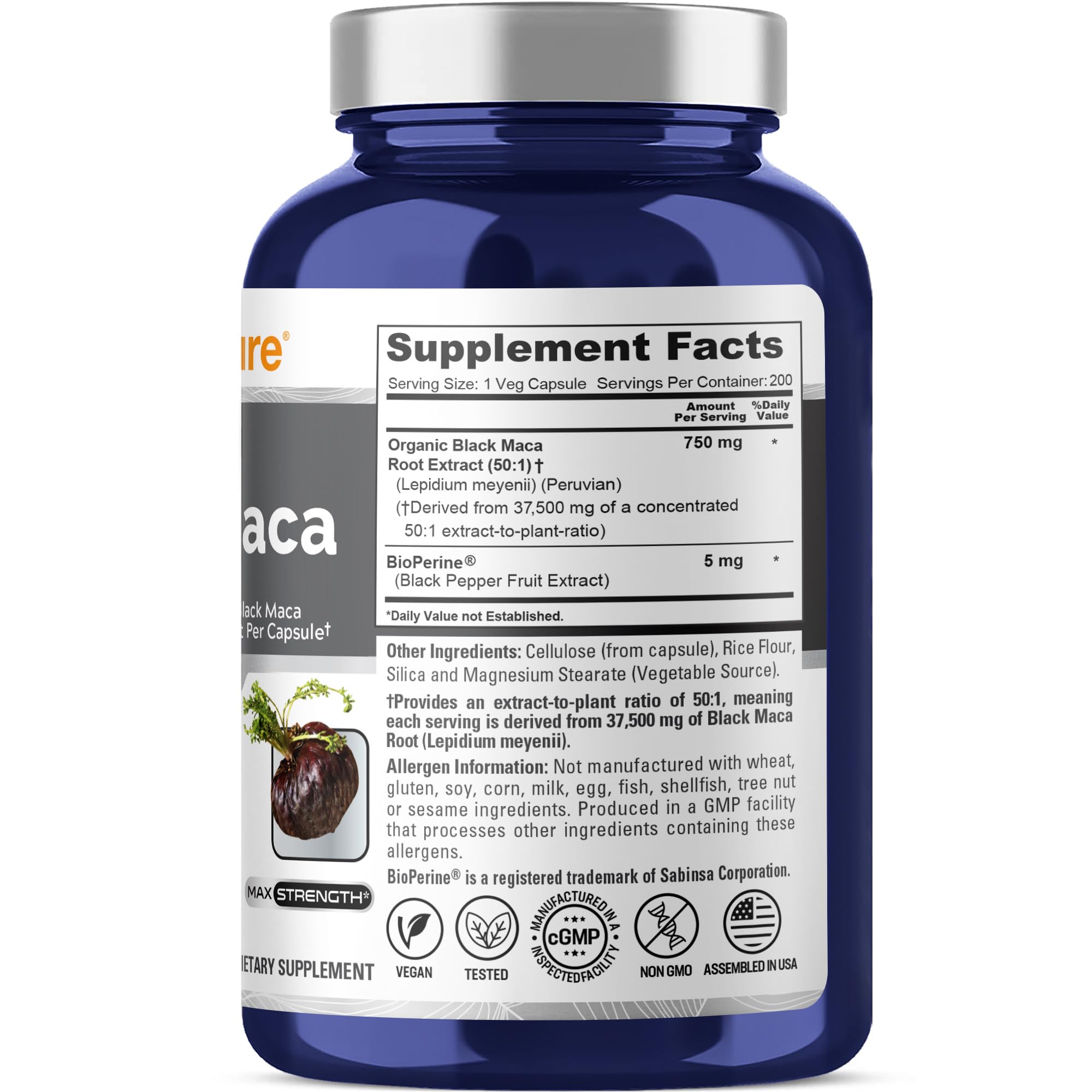 NusaPure Peruvian Black Maca 50:1 capsules close up highlighting vegan friendly capsules
