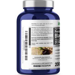 NusaPure Peruvian Black Maca 50:1 bottle label detail with non GMO claim