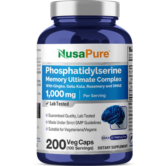 NusaPure Phosphatidylserine Memory Ultimate bottle close-up, highlighting vegan, non-GMO formula.