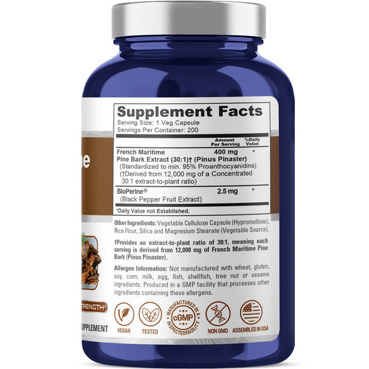 NusaPure pine bark capsules close-up; potent 30:1 extract for antioxidant support