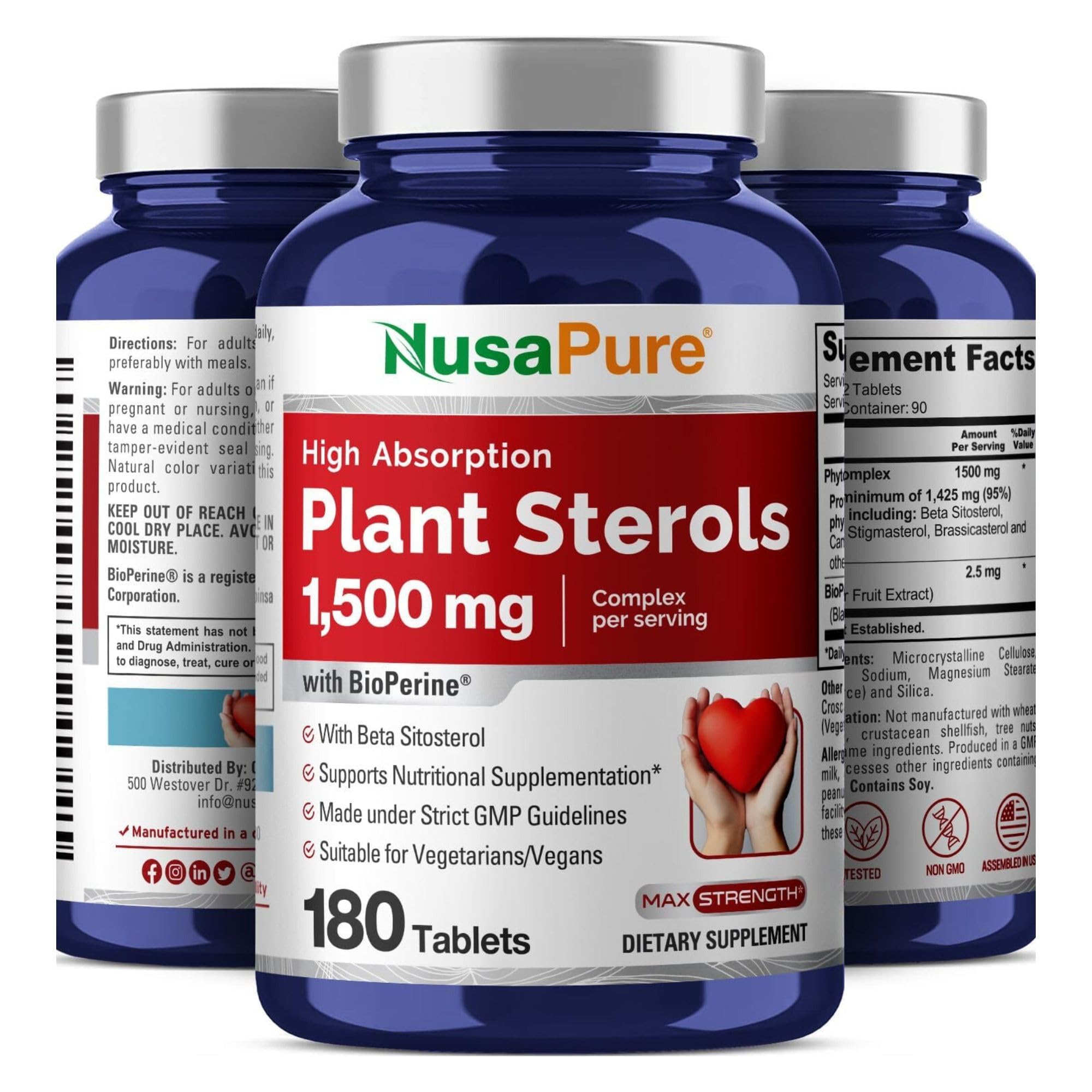 NusaPure Plant Sterols 1500 mg vegan tablets packaging and bottle