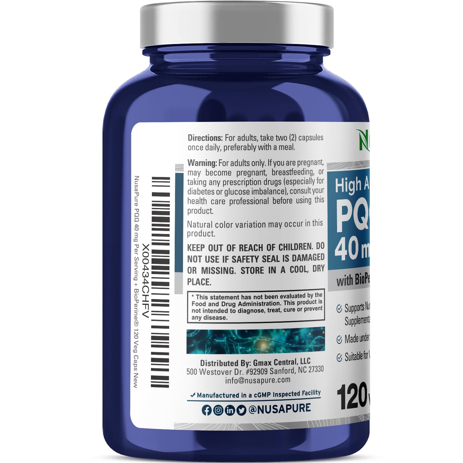 NusaPure PQQ label design highlighting vegan and non-GMO ingredients.