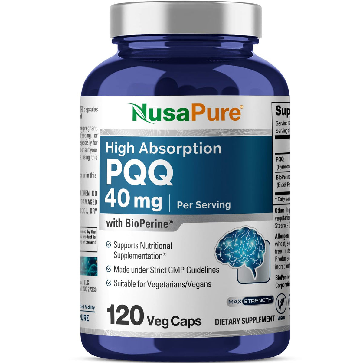 NusaPure PQQ supplement bottle with 120 vegan capsules for a 60-day supply.