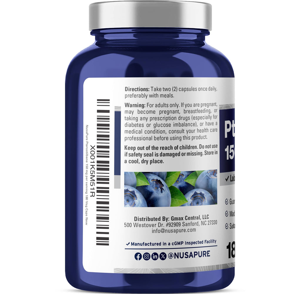 NusaPure Pterostilbene label close-up highlighting quality sourcing