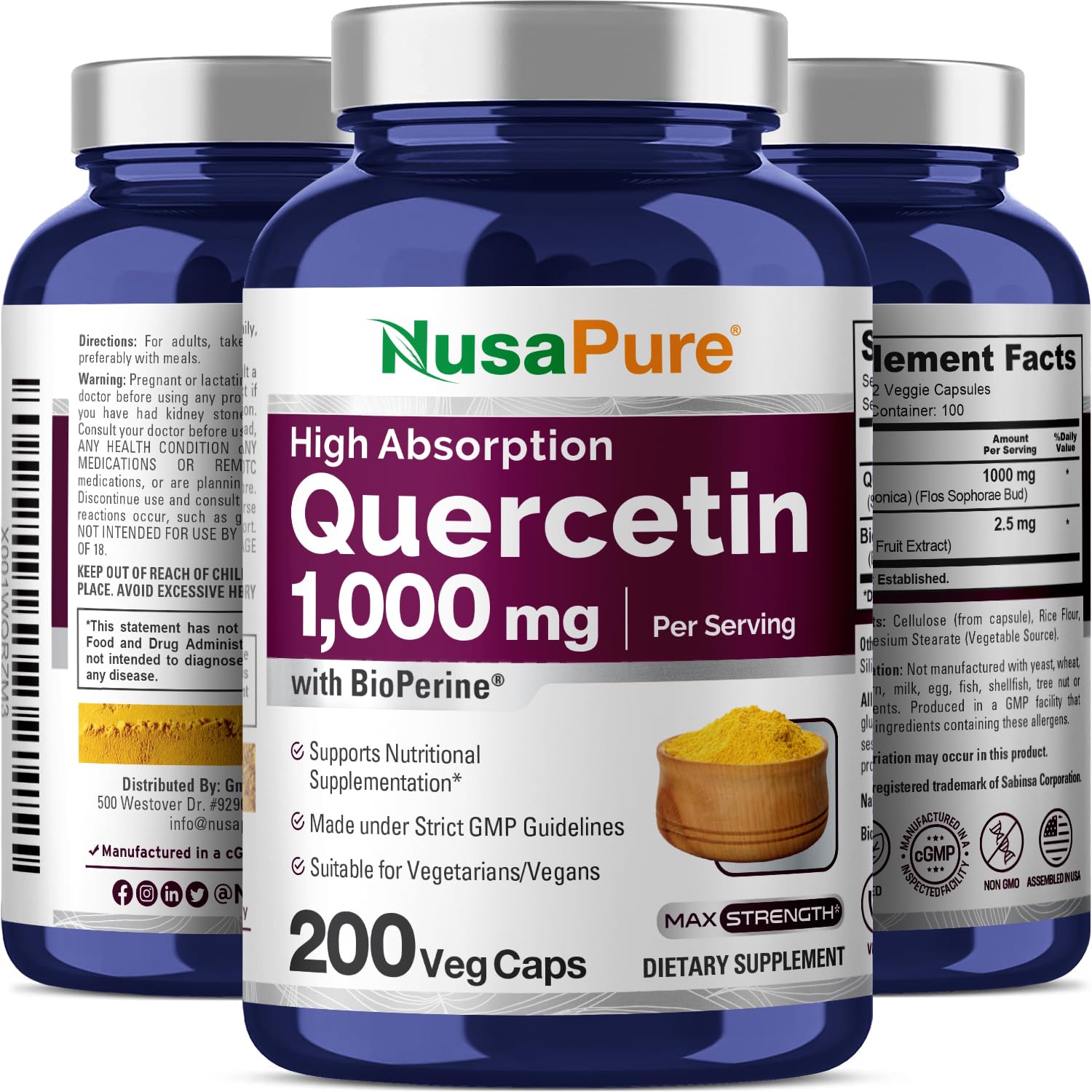 NusaPure Quercetin bottle shows 200 capsules per bottle for a 100-day supply