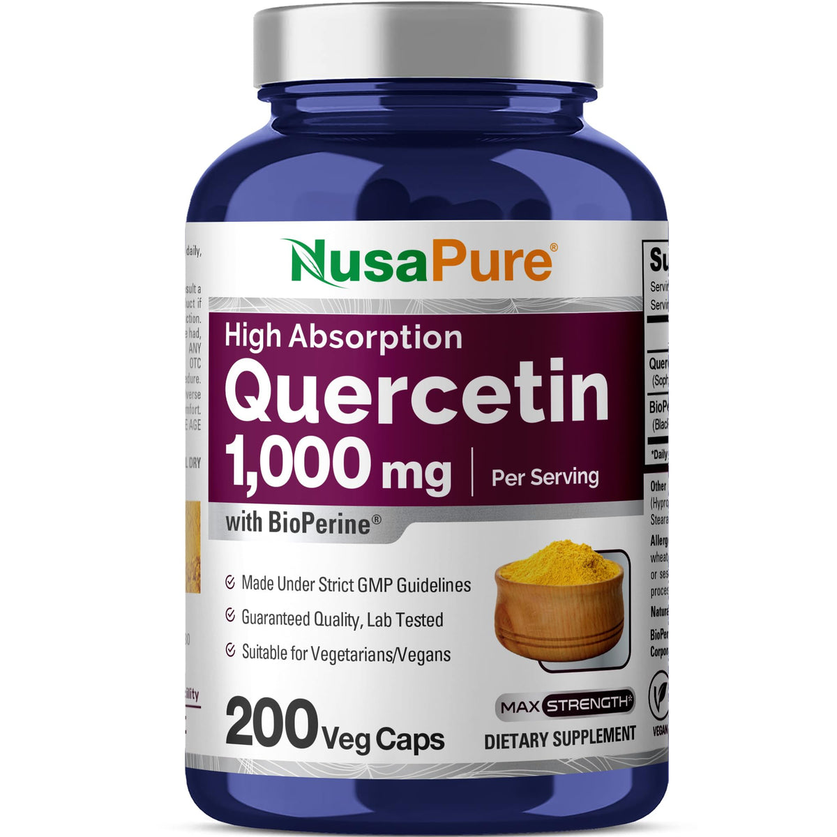 NusaPure Quercetin bottle for daily wellness and easy-to-swallow capsules