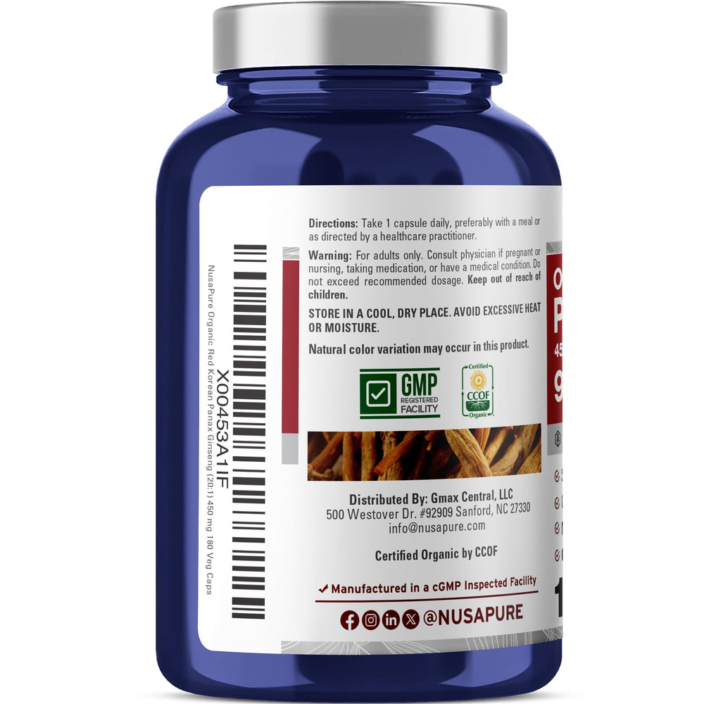 NusaPure ginseng label highlighting USDA Organic and non-GMO sourcing