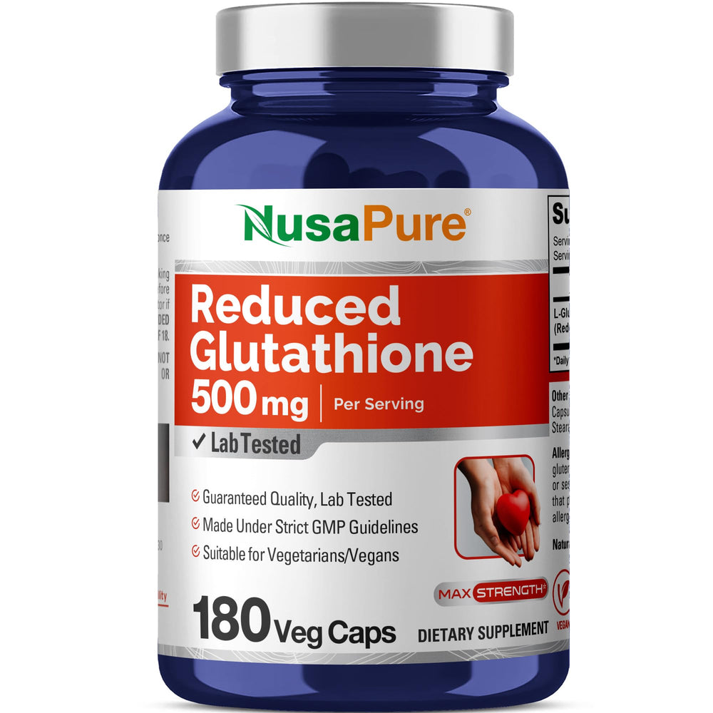 NusaPure Reduced Glutathione 500mg bottle for daily vegan supplementation.