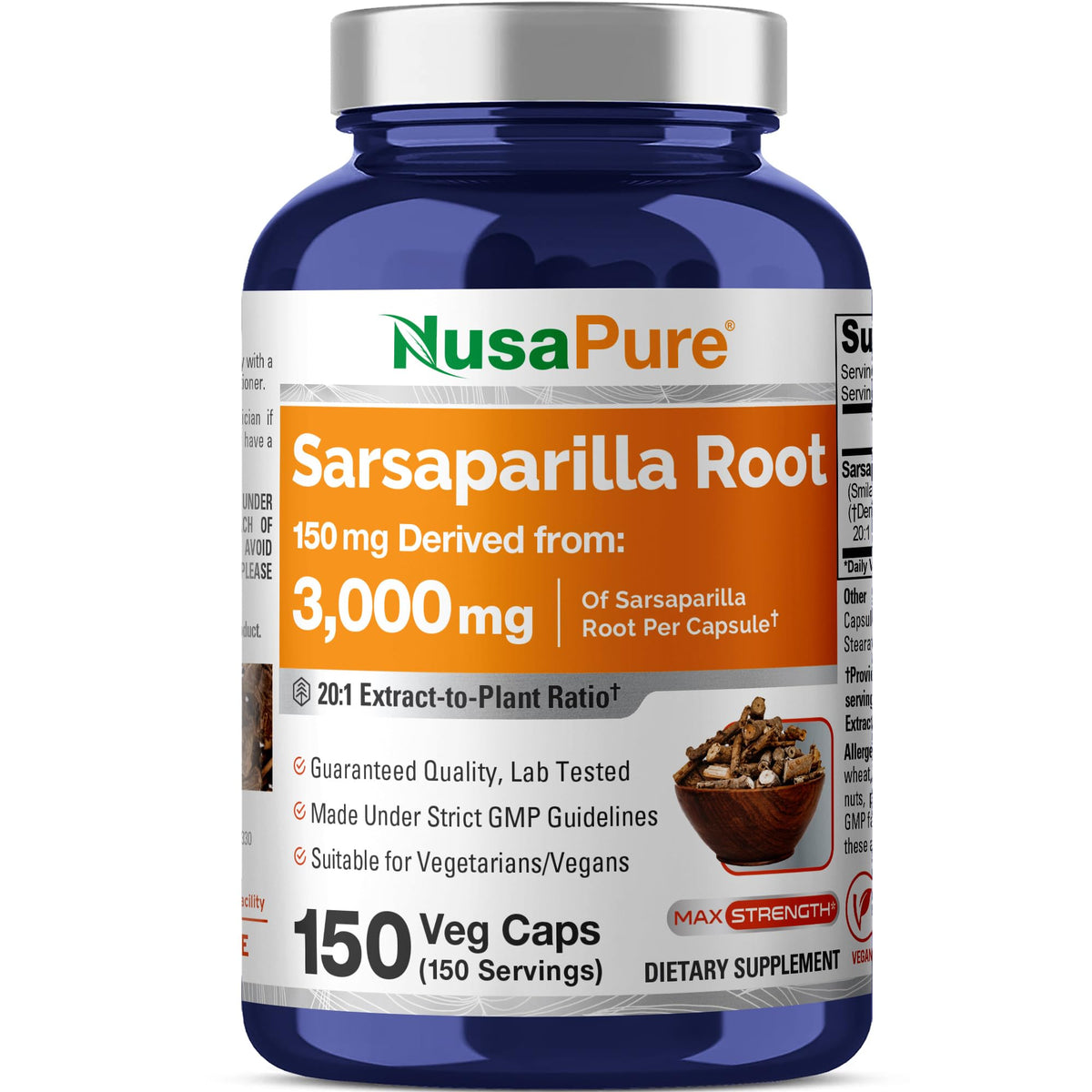 NusaPure Sarsaparilla 20:1 extract bottle with 150 capsules for vegan daily use.