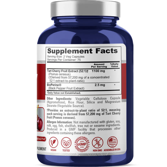 NusaPure Tart Cherry label close-up, vegan and gluten-free formula information.