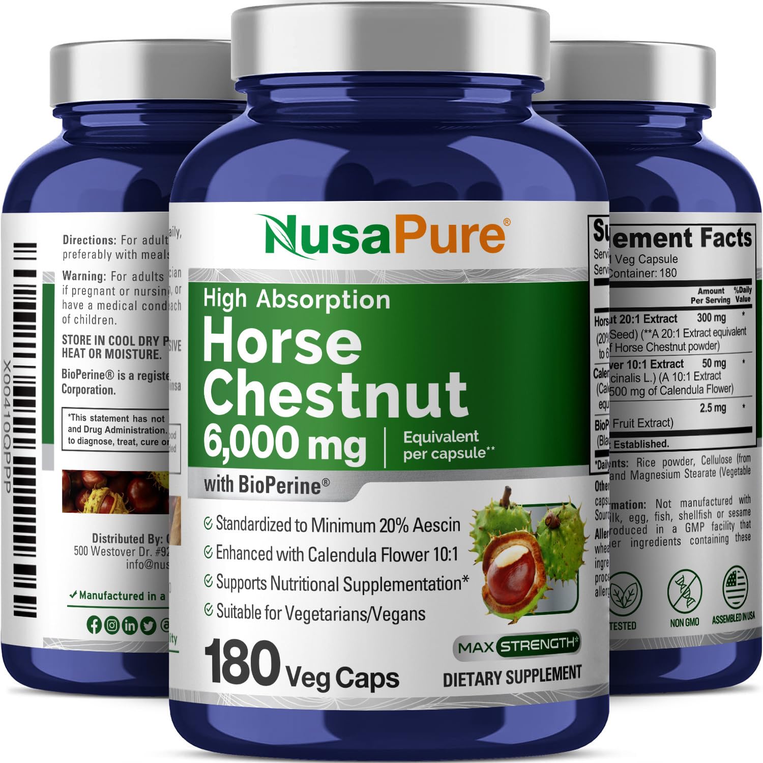 NusaPure vegan non-GMO badge on packaging emphasizes plant-based ingredients