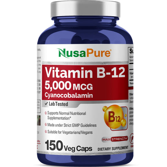 NusaPure Vitamin B12 bottle front with high potency 5000 mcg for vegan diets.