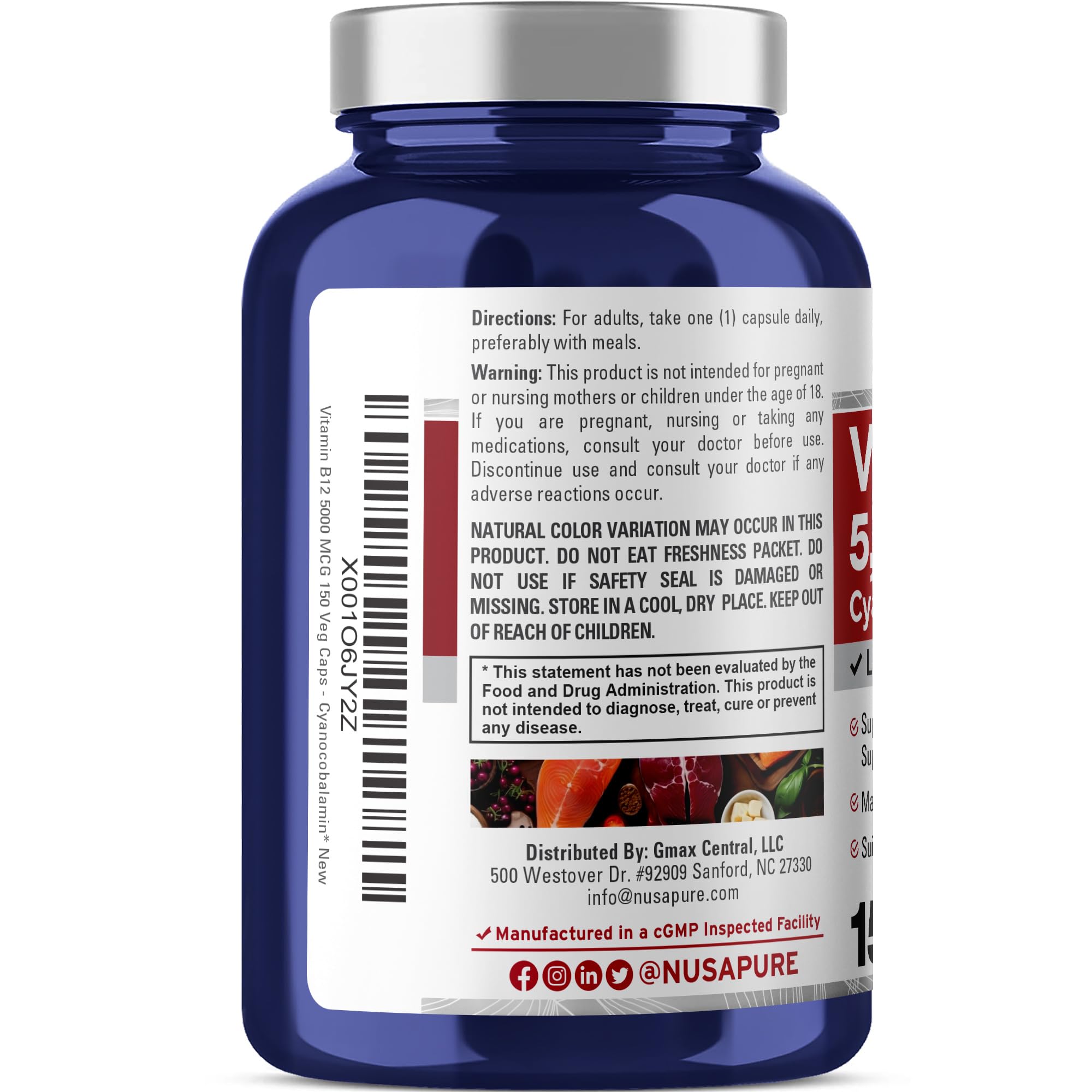 NusaPure Vitamin B12 packaging back detailing vegan non-GMO formula.