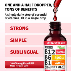 NUSAVA B12 bottle cap and dropper shown for precise dosing.