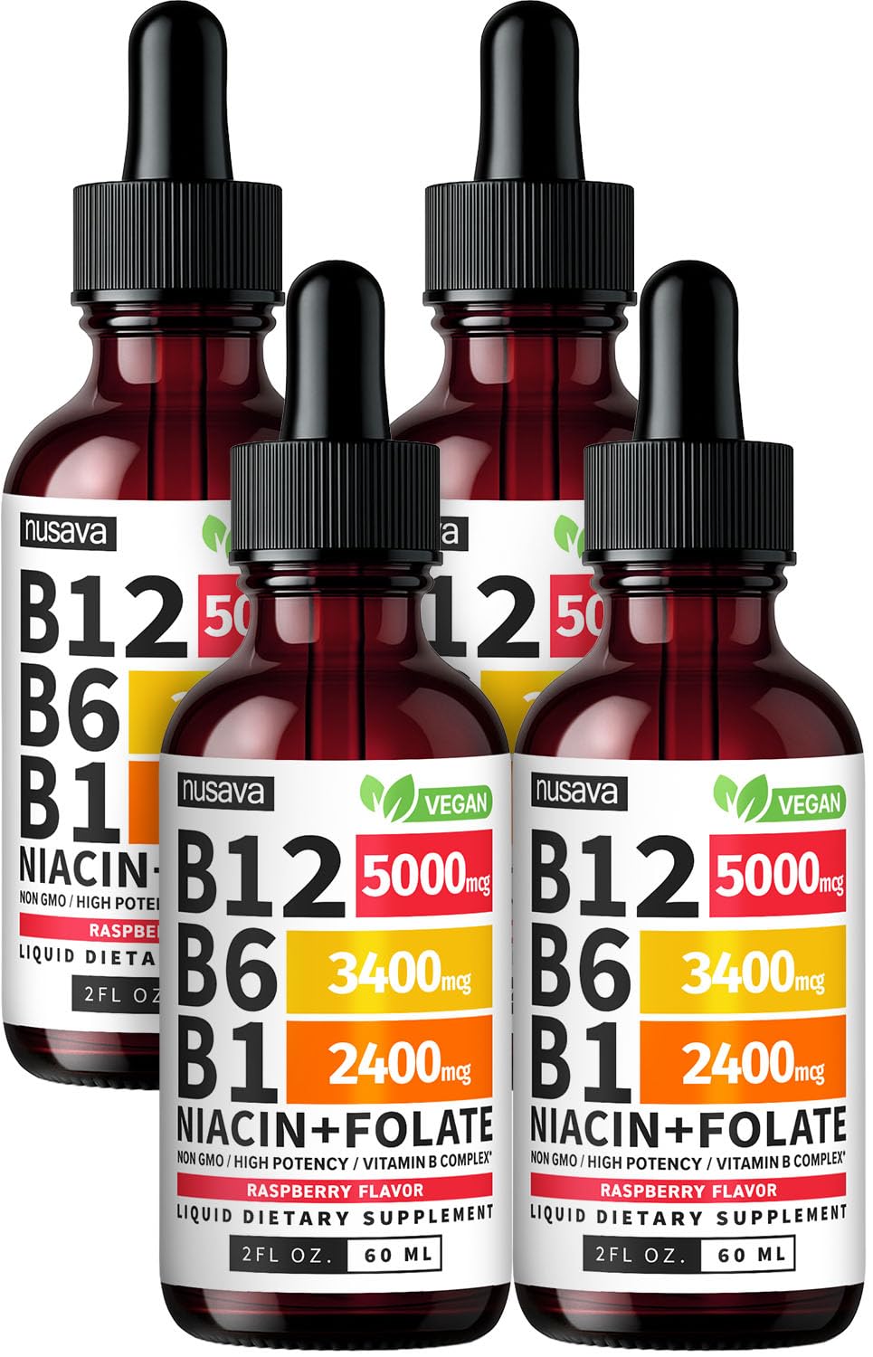 NUSAVA B12 drops bottle pour showing high-potency formula for energy support