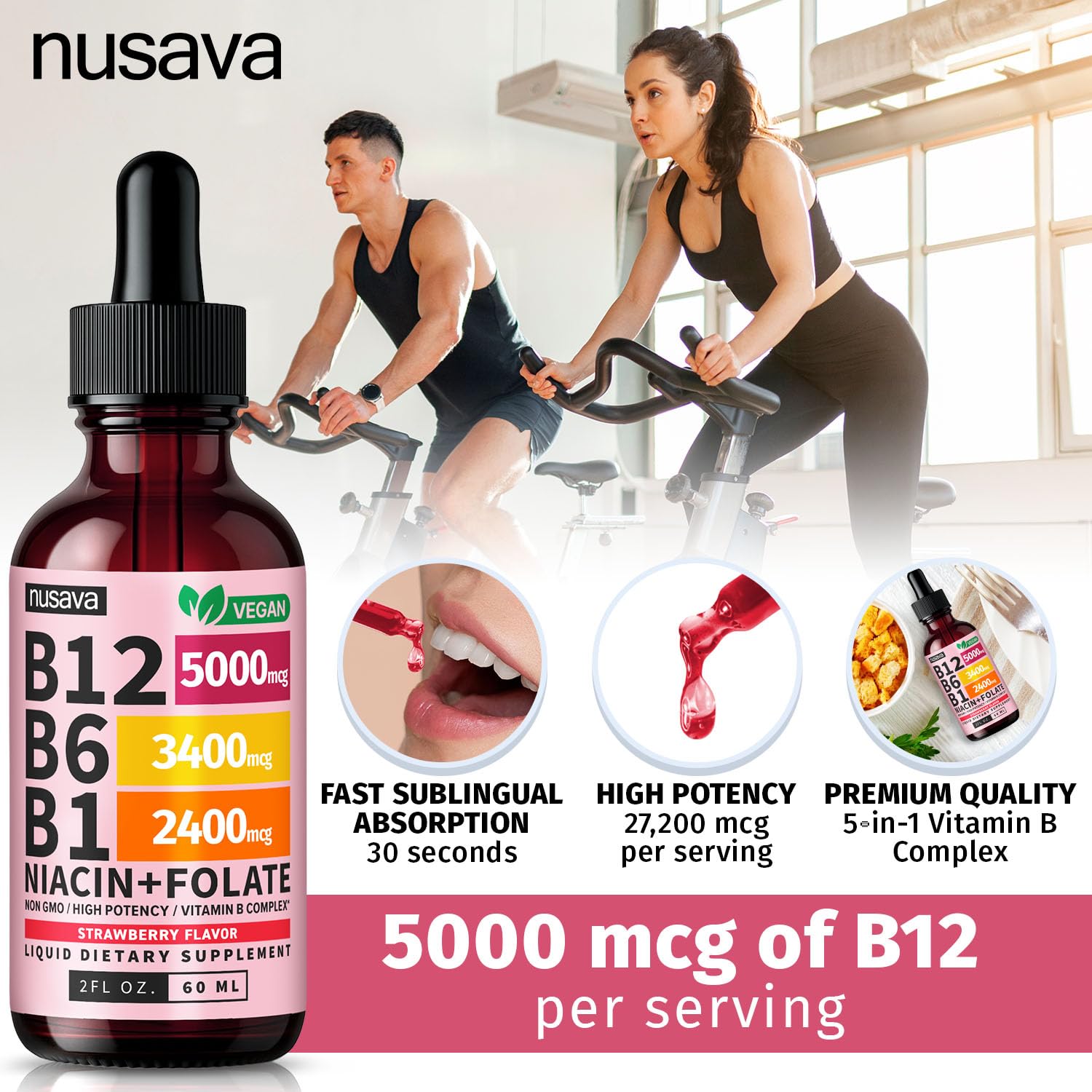NUSAVA B12 Drops strawberry flavor label on bottle.