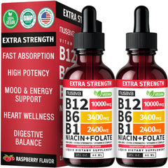 NUSAVA B12 liquid raspberry drops under-tongue absorption for daily energy.