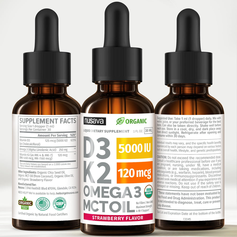NUSAVA D3 K2 drops bottle closeup highlighting strawberry flavor