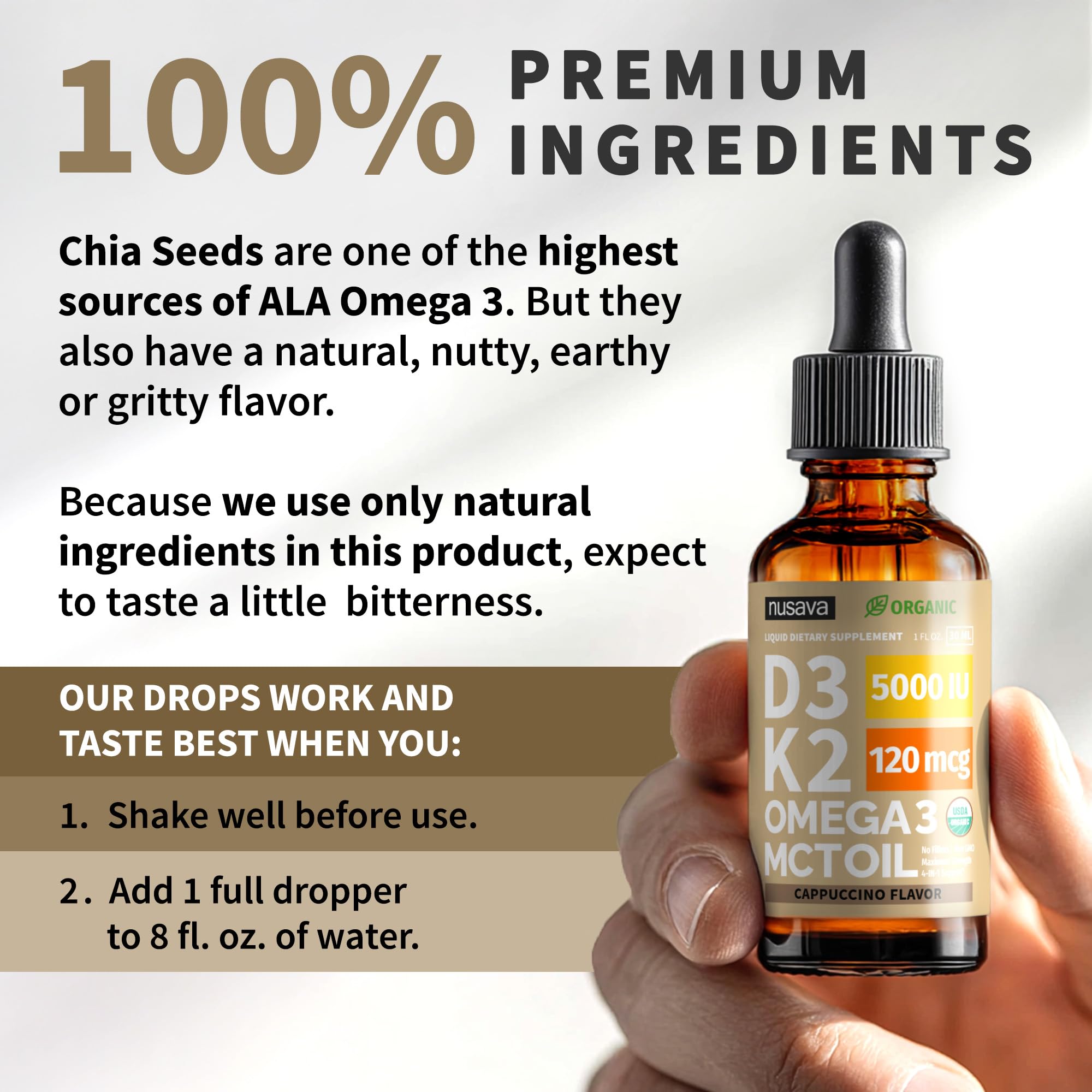 NUSAVA Omega-3 blend note on bottle for a holistic nutrient mix.