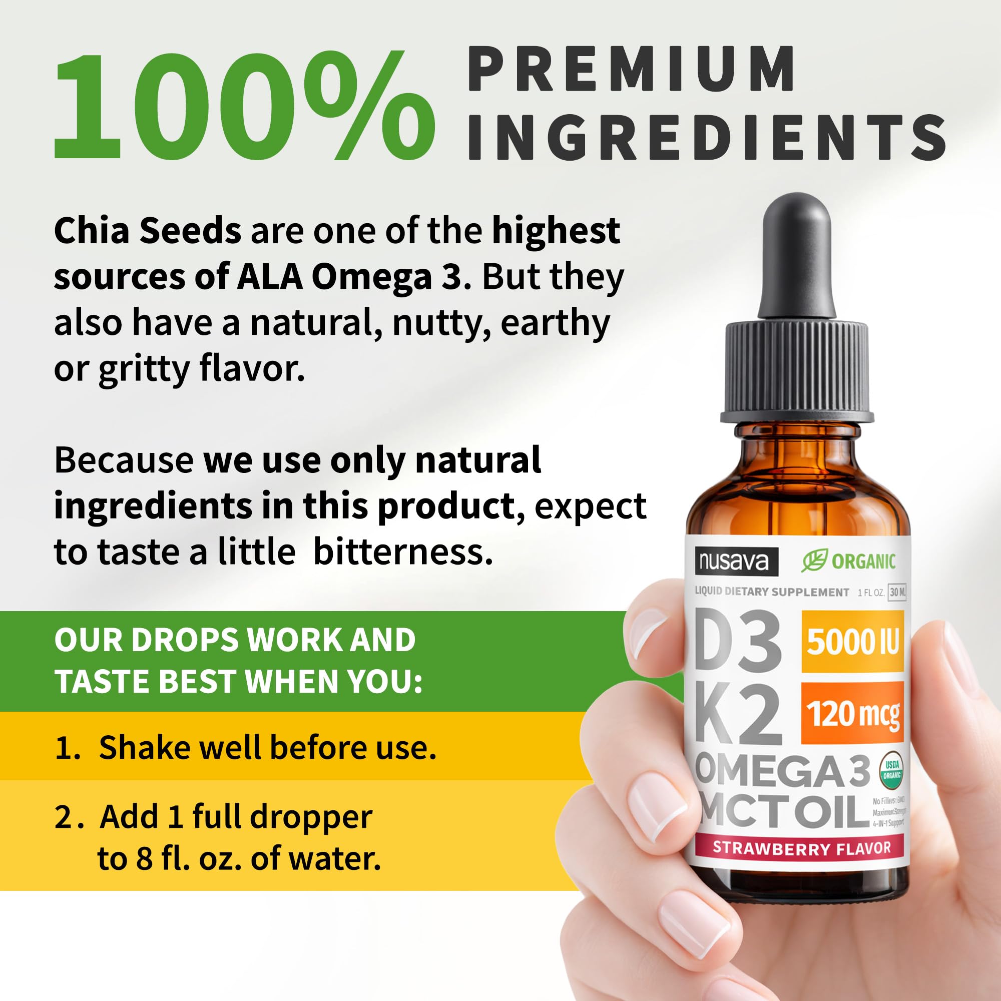 NUSAVA D3 K2 drops MCT oil visual with omega-3 sources for smooth intake