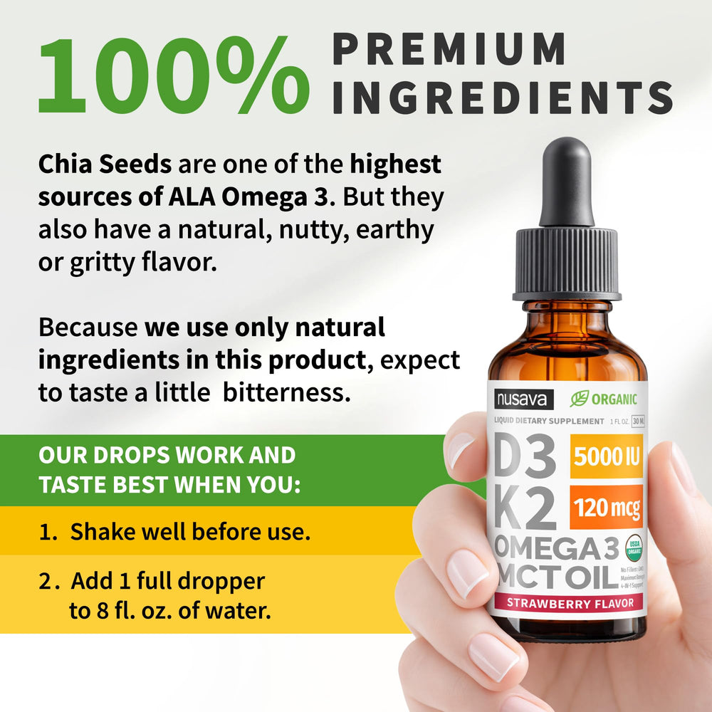 NUSAVA D3 K2 drops MCT oil visual with omega-3 sources for smooth intake