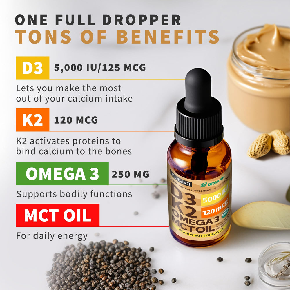 NUSAVA D3 K2 liquid with dropper shows precise daily dosing.