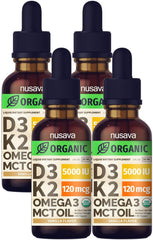 NUSAVA D3K2 drops bottle showing four-pack for immune support and bone health.