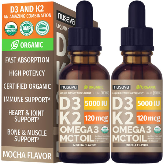NUSAVA D3 K2 Drops Mocha bottle shows fast absorption and immune support potential